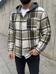 Рубашка мужская в клетку с капюшоном из байки M-L, L-XL, XL-XXL "VITVIELLI" недорого от прямого поставщика Av4909-1063_сер_беж_чер_клетка_v фото