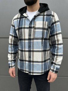 Рубашка мужская в клетку с капюшоном из байки M-L, L-XL, XL-XXL "VITVIELLI" недорого от прямого поставщика Av4909-1063_бел_сер_син_клетка02_v фото