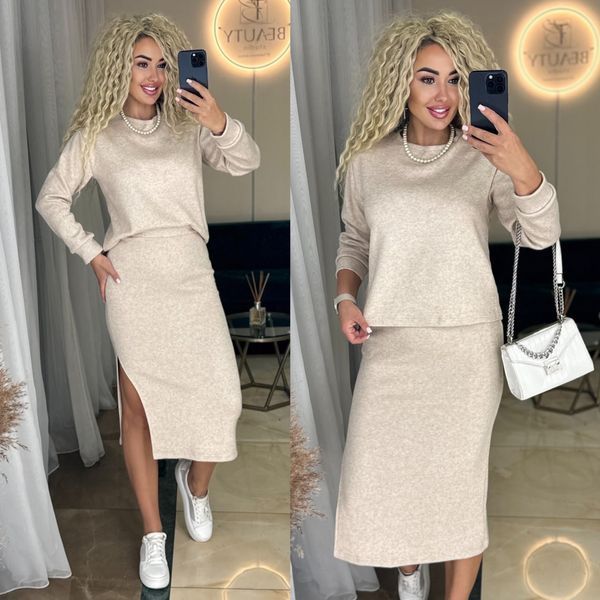 Костюм юбочный теплый женский из даблангоры 42-46, 48-50 "LINDA" недорого от прямого поставщика RIN4955-6033_бежевый_v фото