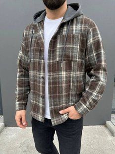 Рубашка мужская в клетку с капюшоном из байки M-L, L-XL, XL-XXL "VITVIELLI" недорого от прямого поставщика Av4909-1063_кор_сер_клетка_v фото