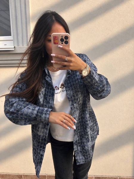 Стильная женская рубашка в клетку из фланели с деликатными камнями oversize (3цв) "ASPERAMO" недорого от прямого поставщика Rin1545-7101_пр_кл_синий_сер_бел_v фото