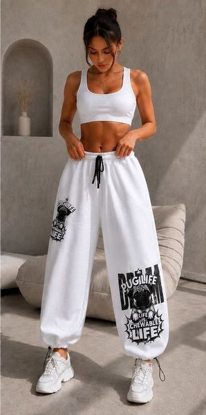 Штаны женские из двухнитки 42-48, ONE SIZE (4цв) "BONJOUR" недорого от прямого поставщика RIN1551-М608_принт_мопс_pugi_life_v фото
