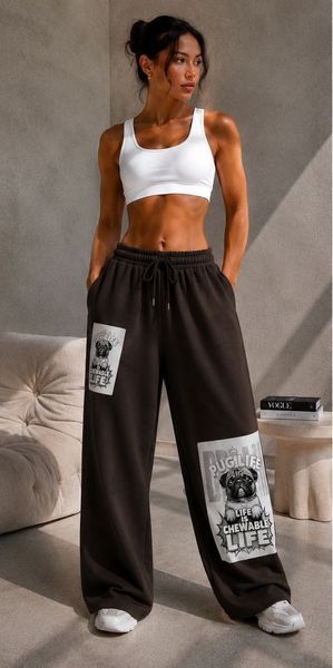 Штаны женские из двухнитки 42-48, ONE SIZE (4цв) "BONJOUR" недорого от прямого поставщика RIN1551-М608_принт_мопс_pugi_life_v фото