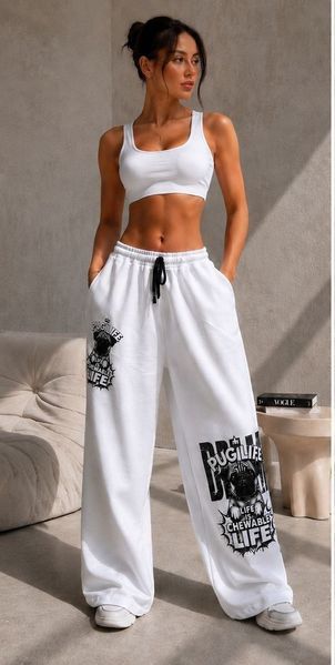 Штаны женские из двухнитки 42-48, ONE SIZE (4цв) "BONJOUR" недорого от прямого поставщика RIN1551-М608_принт_мопс_pugi_life_v фото
