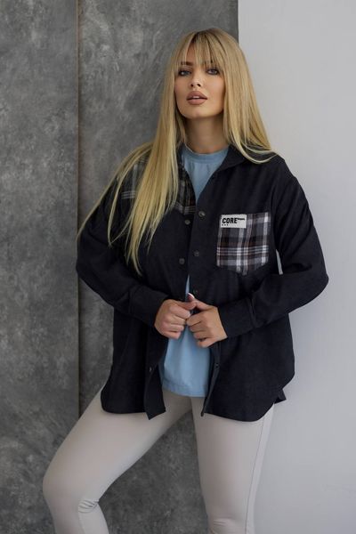 Рубашка женская в свободном силуэте oversize из микровельвета 50-52, 54-56, 58-60, 62-64 (4цв) "LETTI" недорого от прямого поставщика Rin5203-561_надп_core_карман_клетка_v фото