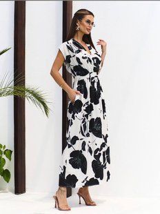Платье с декольте на запах женское из льна бохо 2XL, S, M, L, XL "REMISTORE" недорого от прямого поставщика Razg3591-750_принт_бел_чер_v фото