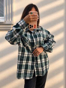 Стильная женская рубашка в клетку из фланели с деликатными камнями oversize (3цв) "ASPERAMO" недорого от прямого поставщика Rin1545-7101_пр_кл_зел_сер_бел_v фото