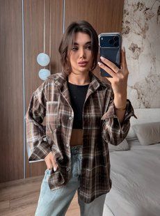Сорочка жіноча з стразами в клітинку з фланелі-бавовни S-M(42-46), L-XL(48-50) "LOOK AT ME" недорого від прямого постачальника AV5-10546_страз_клет_корич_беж_v фото