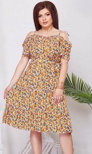 Платье женское из шлифованного штапеля 50, 52, 54 "LEVMODA" недорого от прямого поставщика Rin2331-347_оран_принт_цветоч_v фото