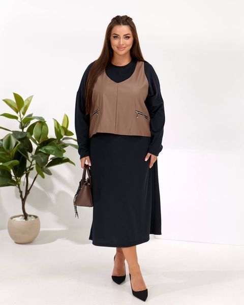 Платье с жилеткой женское из трикотажа рубчик 50-52, 54-56, 58-60 "LEVMODA" недорого от прямого поставщика Rin2331-0129_черно_коричневый_v фото