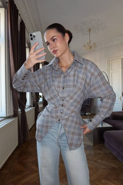 Женская асимметричная рубашка с акцентом на талии из фланели S-L, ONE SIZE "GLOSSY" недорого от прямого поставщика Rin850-033_Серо-голубой_v фото