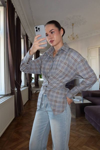 Женская асимметричная рубашка с акцентом на талии из фланели S-L, ONE SIZE "GLOSSY" недорого от прямого поставщика Rin850-033_Серо-голубой_v фото