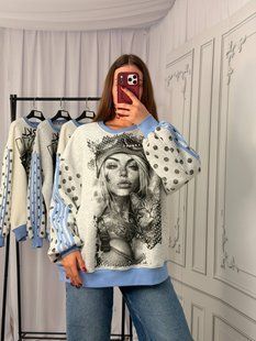 Світшот оверсайз жіночий з тринитки на флісі ONE SIZE (2кол) "BONJOUR" недорого від прямого постачальника RIN1551-м630_девушка_с_котом_v фото