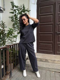 Футболка жіноча з розрізами та штани баггі з лакости S, M, L "MOLLY FASHION" недорого від прямого постачальника Rin1542-799_графит_v фото
