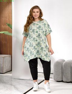 Костюм женский из трикотажа футболка с принтом лосины однотонные 56-58, 60-62, 64-66, 68-70 (2цв) "ELITA" недорого от прямого поставщика 2PLGU1424-1502_принт_мята_черн_v фото