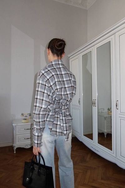 Женская асимметричная рубашка с акцентом на талии из фланели S-L, ONE SIZE "GLOSSY" недорого от прямого поставщика Rin850-033_серо-белый-черный_v фото