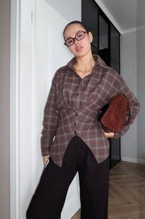 Жіноча асиметрична сорочка з акцентом на талії з фланелі S-L, ONE SIZE "GLOSSY" недорого від прямого постачальника Rin850-033_бордово-коричневый_v фото