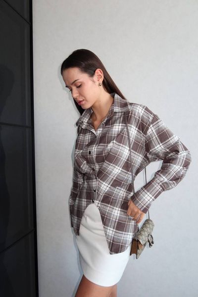 Женская асимметричная рубашка с акцентом на талии из фланели S-L, ONE SIZE "GLOSSY" недорого от прямого поставщика Rin850-033_серо-коричневый_v фото
