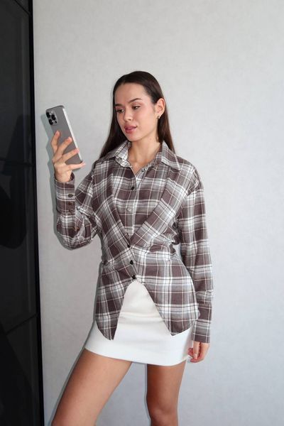 Женская асимметричная рубашка с акцентом на талии из фланели S-L, ONE SIZE "GLOSSY" недорого от прямого поставщика Rin850-033_серо-коричневый_v фото