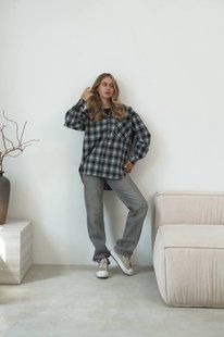 Рубашка в клетку оверсайз женская из высококачественного тиара 42-48 "GLOSSY" недорого от прямого поставщика Rin850-020_серый_v фото