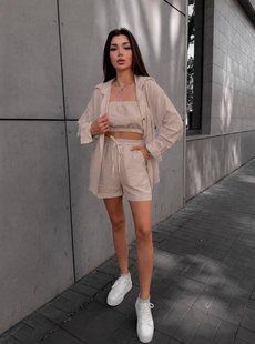 Костюм трійка жіночий топ сорочка і шорти з натурального льону 42-44 "LOOK AT ME" недорого від прямого постачальника AV5-10542_беж_v фото