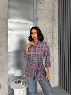 Стильна сорочка жіноча з фланелі з платком 42-46, 48-52 "MILANO LOOK" недорого від прямого постачальника 2PLGU1052-255_клет_розовый_v фото