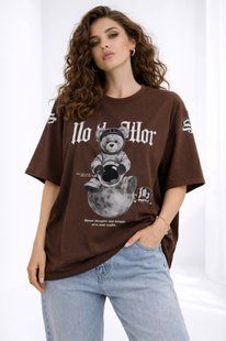 Футболка женская oversize из кулира 42-46 (4цв) "BONJOUR" недорого от прямого поставщика RIN1551-М55_мишка_космонавт_v фото
