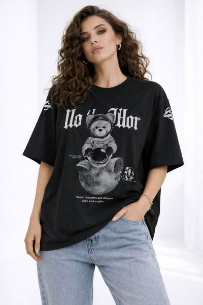 Футболка женская oversize из кулира 42-46 (4цв) "BONJOUR" недорого от прямого поставщика RIN1551-М55_мишка_космонавт_v фото