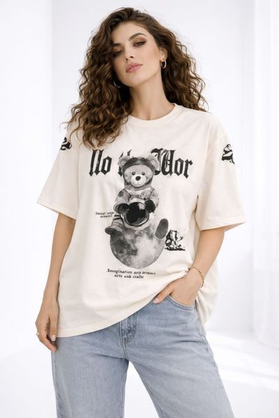 Футболка женская oversize из кулира 42-46 (4цв) "BONJOUR" недорого от прямого поставщика RIN1551-М55_мишка_космонавт_v фото