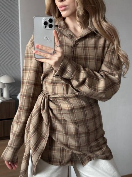 Рубашка женская в клетку на пуговицах 42/46 one size "FREE STYLE" от прямого поставщика Sin1529-446i_бежева фото