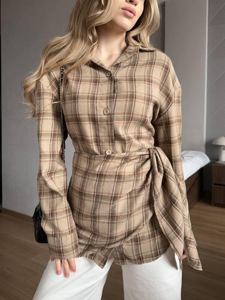 Рубашка женская в клетку на пуговицах 42/46 one size "FREE STYLE" от прямого поставщика Sin1529-446i_бежева фото