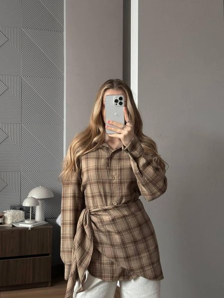 Рубашка женская в клетку на пуговицах 42/46 one size "FREE STYLE" от прямого поставщика Sin1529-446i_бежева фото