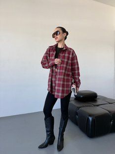 Сорочка жіноча базова в клітку з турецької фланелі 42-44, 46-48, 50-52 "ELFBERG" недорого від прямого постачальника 2PLGU803-800_бордо_v фото