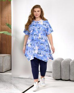 Костюм женский из трикотажа футболка с принтом лосины однотонные 56-58, 60-62, 64-66, 68-70 "ELITA" недорого от прямого поставщика 2PLGU1424-1502_принт_сине_гол_v фото