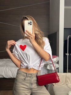 Футболка женская из% хлопка ONE SIZE "MINIMAL" недорого от прямого поставщика RIN4956-593_накат_сердце_красн_v фото